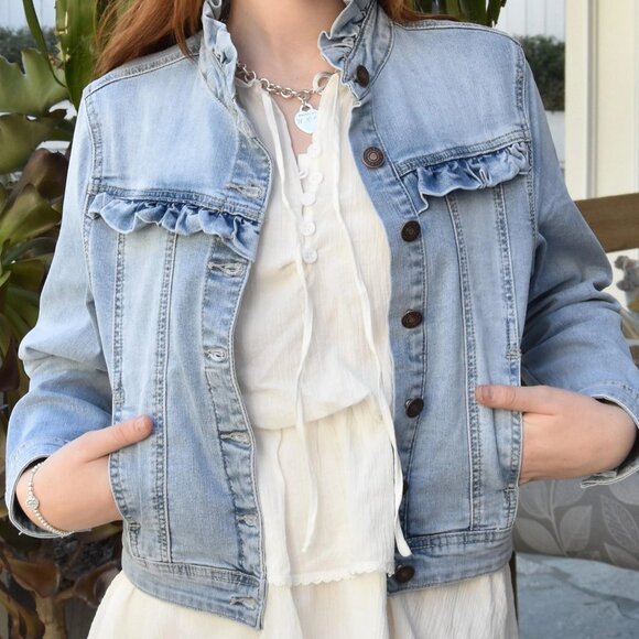 NEW NWOT KATIE J NYC EMILY RUFFLE DENIM JEAN JACKET SIZE LARGE - Picture 1 of 5